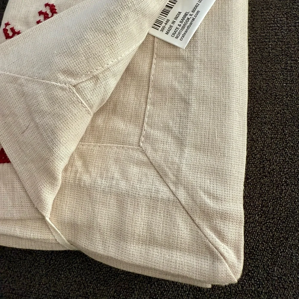 Crate & Barrel Red Cross Stitch Holiday Reindeer Dinner Napkins, Set of 4